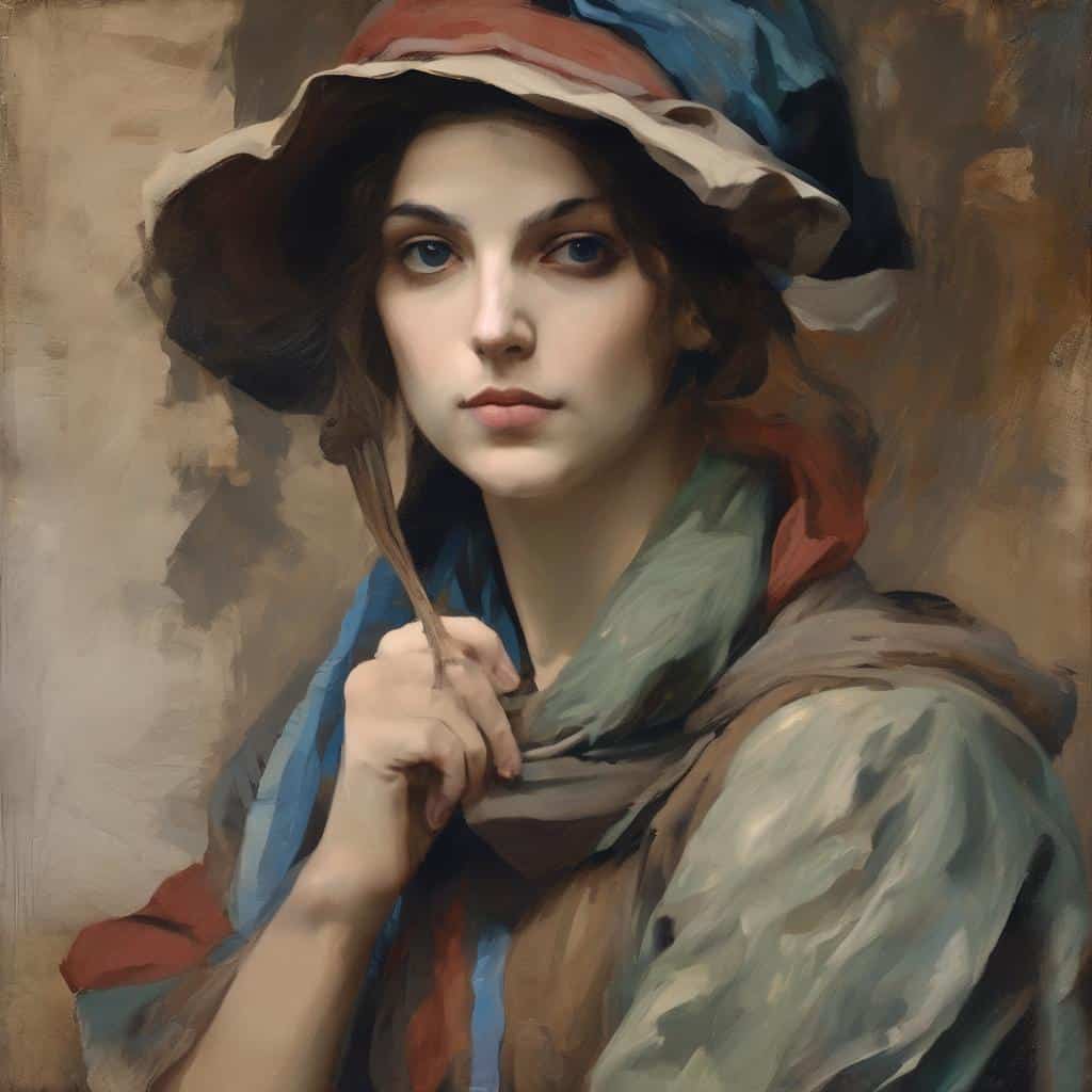 Φωτογραφία νεαρής γυναίκας με καπέλο από ζωγραφική, πορτραίτο σε ρεαλιστικό στυλ, τέχνη και έμπνευση.