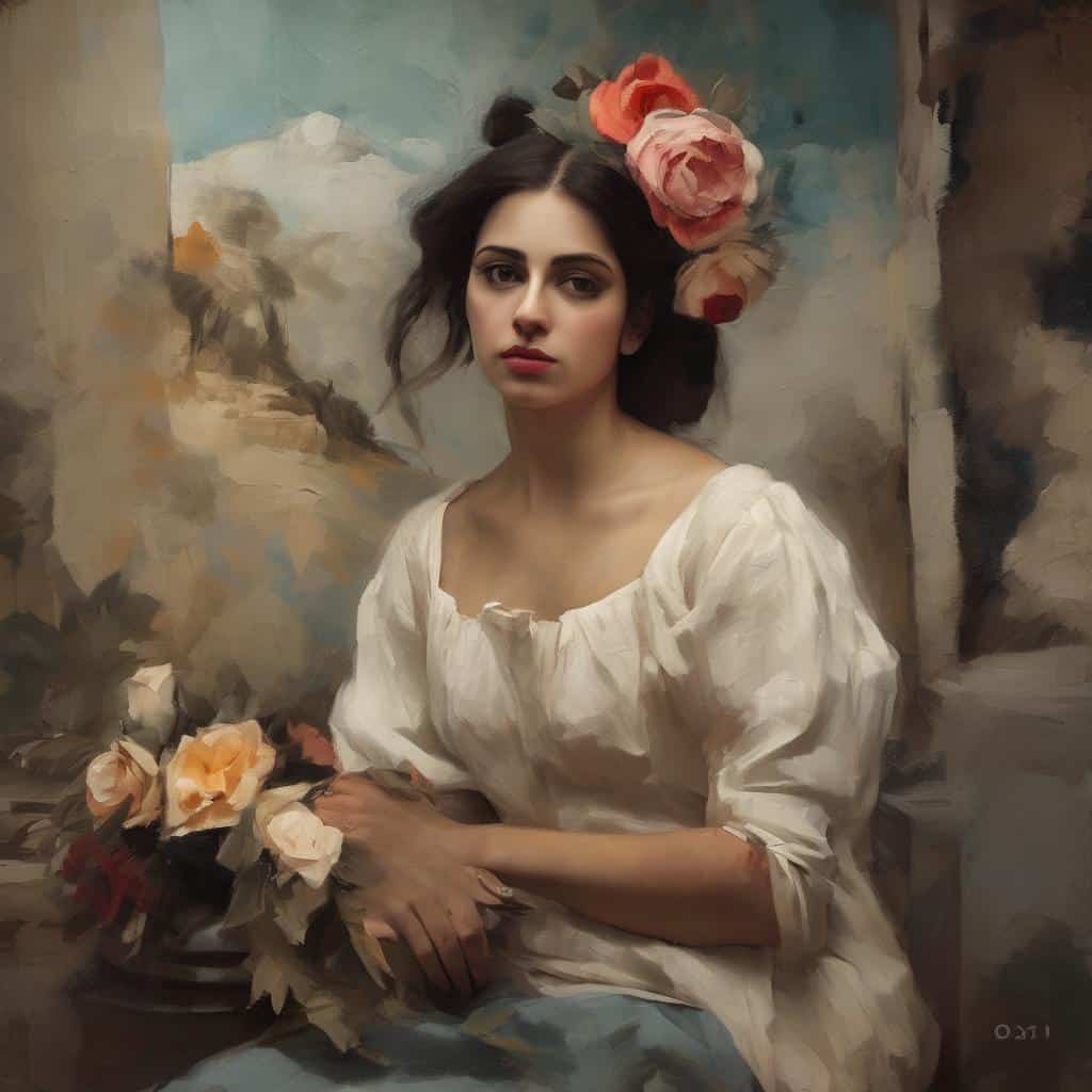 Ομορφιά και τέχνη σε μια ζωγραφική πορτρέτο γυναίκας με λουλούδια, σε καλλιτεχνικό κόσμο έμπνευσης.