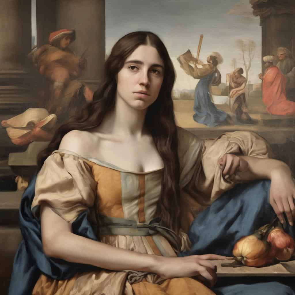 Ουρανόφιλη νεανική γυναίκα σε ζωγραφική σύνθεση με ιστορική τέχνη και έμπνευση.