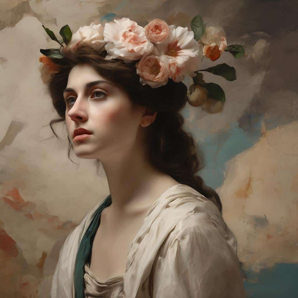 Ο καλλιτεχνικός κόσμος της έμπνευσης, πορτρέτο γυναίκας με λουλούδια στο κεφάλι, τέχνη, φαντασία, ομορφιά και δημιουργικότητα.