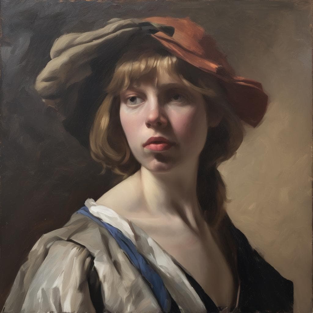 Καλλιτεχνική πορτρέτο γυναίκας, πίνακας ζωγραφικής σε ρεαλιστικό στυλ, έμπνευση και δημιουργία τέχνης, όμορφη γυναίκα με καπέλο και καθηλωτικό βλέμμα.