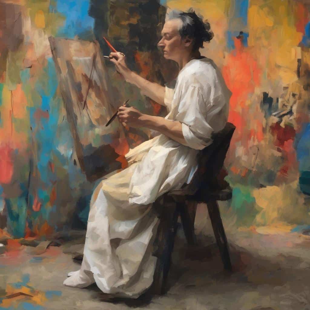 Ζωντανό πορτρέτο καλλιτέχνη που δημιουργεί σε στούντιο με πολύχρωμη ακαταστασία.