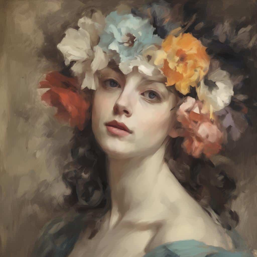 Όμορφη γυναίκα με λουλούδια στο κεφάλι, ποικιλία χρωμάτων και καλλιτεχνικό στυλ.